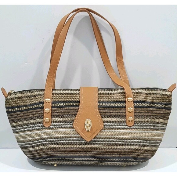 ERIC JAVITS SQUISHEE Woven Straw Multicolor Brown Tan MEDIUM SHOULDER BAG XLNT - Picture 1 of 6